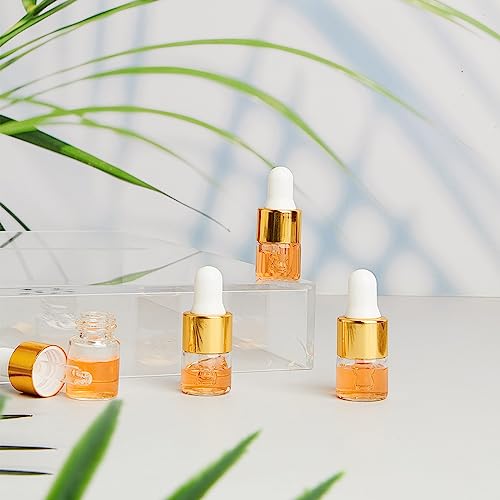 Didaey 100 Pcs Mini Glass Oil Dropper Bottle Bulk, Clear Essential Small Empty Bottles Sample Containers Perfume Liquid Vials with Cap for Traveling, Gold, 1 ml