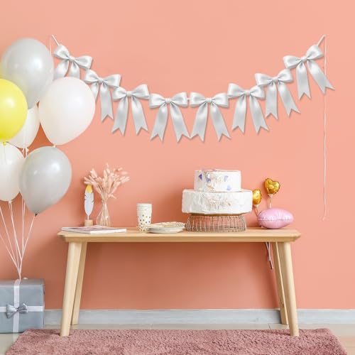 Image of 1 String of 8PCS White Bow Garland Banner Decoration,Pre-Strung Satin Ribbon Ornaments for Birthday,Bachelorette Party,Bridal Shower,Wedding, Engagement,Baby Shower,Graduation Decor,Anniversary