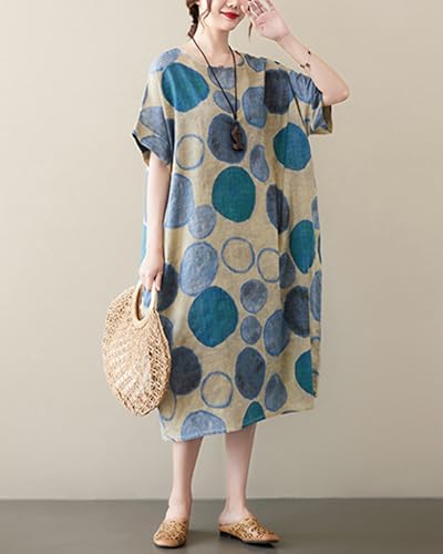 Image of LUZU JUNU Women's Summer Baggy Plus Size Loose Cotton Linen Long Boho Beach Dress with Pockets