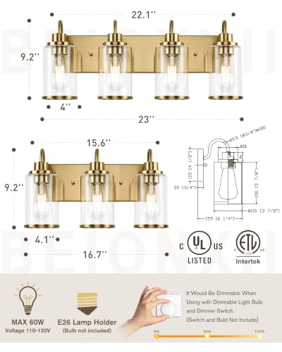 Image of Beionxii 4 Light Bathroom Light Fixtures, Gold Vanity Lights with Clear Glass Shades, Modern Vanity Lights Over Mirror, Wall Sconces for Kitchen Living Room Hallway Cabinet Porch, BX-VL01BG-4CG
