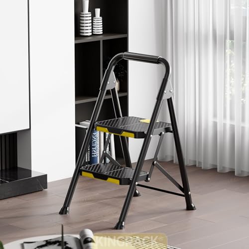 Image of KINGRACK 2 Step Ladder, Sturdy Steel Step Stool with Safe-Lock Design, Handrail, Anti-Slip Wide Pedals, Pass 800lbs Load Testing, Folding Portable Ladder for Multi-Purpose, Home, Kitchen, Black