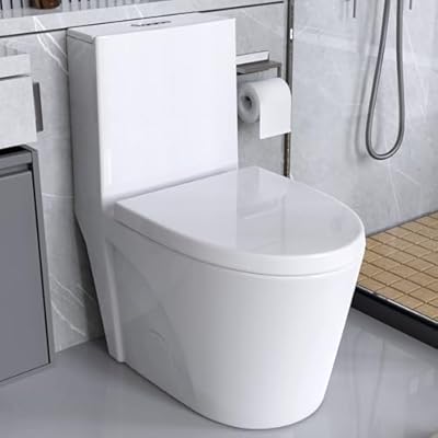BOSTANA One Piece Toilet,0.8/1.28 GPF Dual Flush Toilet with 15.5"W Soft-Close Seat,Modern American Standard Elongated Toilet for Bathrooms with 17"Comfort Height Seat,12"Rough-in (White)