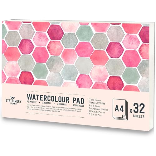 STATIONERY ISLAND Watercolour Paper A4 Pad 32 Sheets Water Colour Paper 300gsm Glue Bound Cold-Pressed Texture Watercolour Sketchbook for Painting Drawing Sketching and Mixed Media