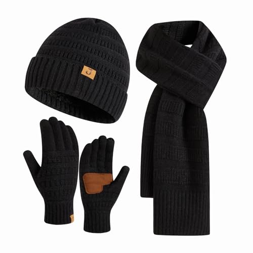 Image of Winter Beanie Warm Hat Long Scarf Touchscreen Glove Set with Fleece Lined Skull Caps Neck Warmer Scarves for Men&Women