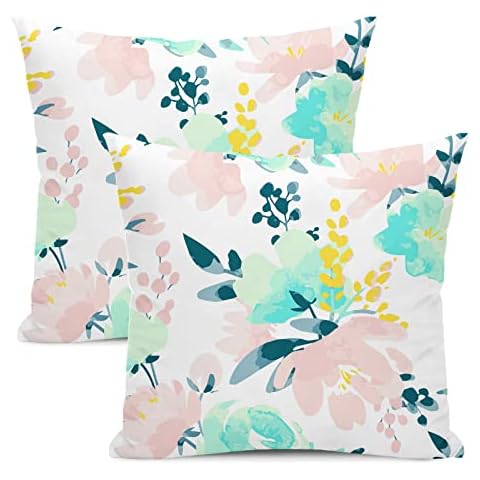 Spring Pillow Covers 18x18 Inch Set of 2,Danish Pastel Room Decor Flower Throw Pillows Case,Preppy Aesthetic Watercolor Pink Sage Green Floral Decorative Square Cushion Cover for Sofa Bed Couch Cover