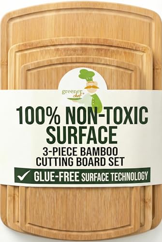 GREENER CHEF Glue-Free Surface Organic Bamboo Cutting Board Set of 3 &ndash; Non Toxic Wooden Cutting...