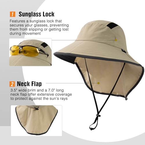 Image of TOP-EX Wide Brim Sun Hat for Men Women with Neck Flap & Sunglass Lock | UPF 50+ protection waterproof packable windproof chin strap for fishing hiking safari travel outdoor work