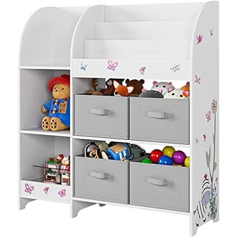 HOCSOK Kid‘s Toy Storage Unit, Children's Toy Box Organiser with 4 Non-woven Fabric Bin, Large Bookshelf Rack Cabinet for Nursery, Kindergarten, Playroom, White Cover