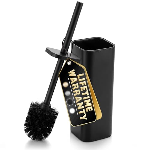 Image of Black Toilet Brush with Square Stainless Steel Holder - Freestanding Toilet Brush and Holder Set Black - Removable Plastic Inner Cup, Splash Guard Cover, Replaceable Head, Corrosion Resistant Finish
