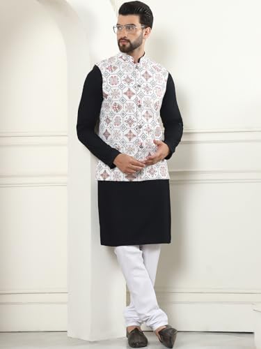 Image of SOJANYA (Since 1958 Men's Cotton Linen Maroon Kurta and White Pyjama with Mustard Cotton Nehru Jacket
