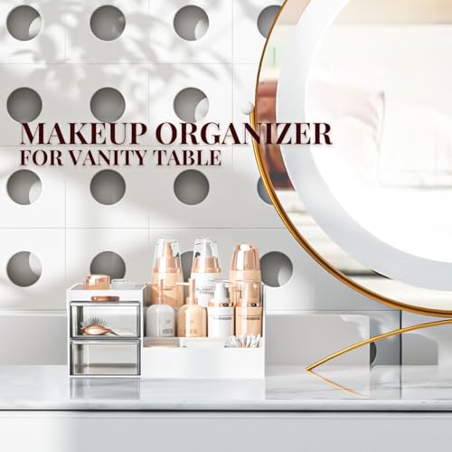 Image of PAXCOO Makeup Desk Cosmetic Storage Box Organizer with Drawers for Dressing Table Large Capacity Display Case,Skincare Organizer,Elegant Vanity Holder Brushes Lipstick Skincare Eyeshadow (White,Clear)