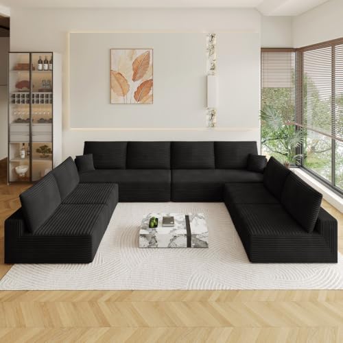 Image of Oversized Modular Sectional Sofa Couch, Large 8 Seater Corner Sofa Modern U Shaped Sectional Couch Cloud Couches for Living Room, Office, Spacious Space, Corduroy, No Assembly Required, Black