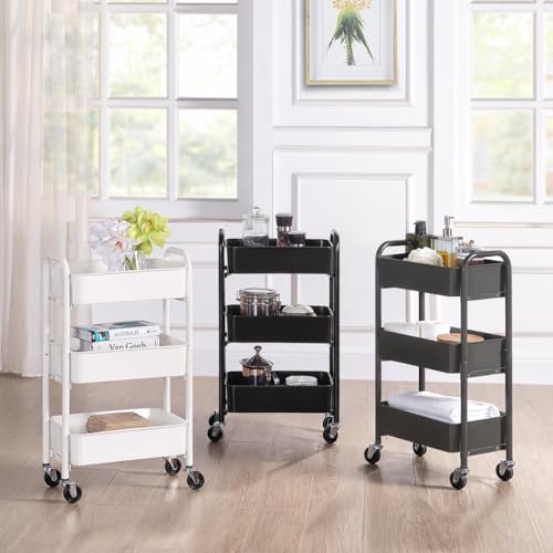 Image of SunnyPoint 3-Tier Delicate Compact Rolling Metal Storage Organizer - Mobile Utility Cart Kitchen /Under Desk Cart with Caster Wheels (Gray, 15.35 inch X 10.24 inch X 26.8 inchH)