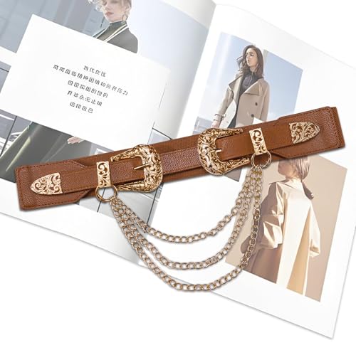 Image of Dubulle Womens Belt Chain Leather Belts Vintage Western Adjustable Elastic Double Buckle for Cowboy Pant Dress