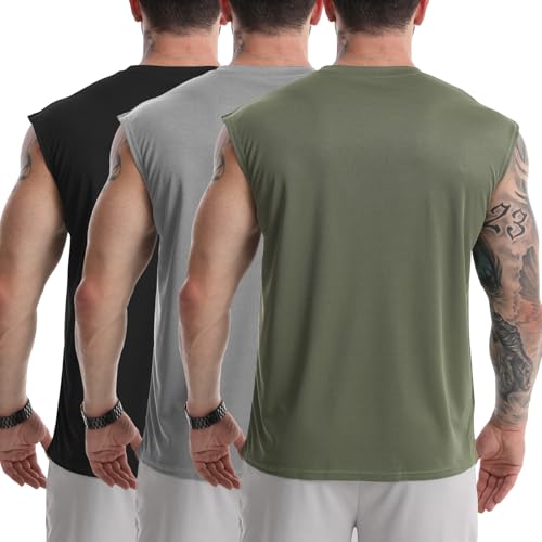 Men's Tank Tops 3 Pack Sleeveless Workout Mesh Material Quick Dry Athletic Running Gym Muscle Beach Fitness Shirts3
