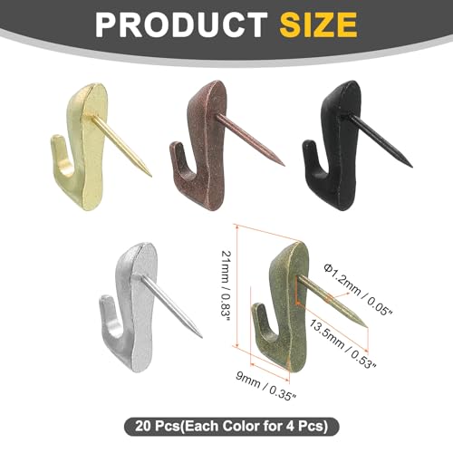 Image of uxcell 20 Pcs Push Pin Picture Hooks, Zinc Alloy Picture Hanging Nails Thumb Tacks Hanging Hooks with Nails for Wall Wooden Board, 5 Colors