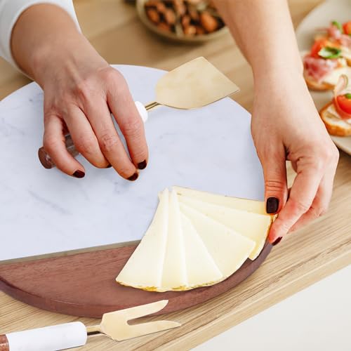 Wood And Marble Cheese Board & Cheese Knife Set (12”), Round Cheese Board And Knife Set – Handcrafted Acacia Wood Cutting Board – Versatile Charcuterie Board & Serving Board – Cheese Board Gift Set