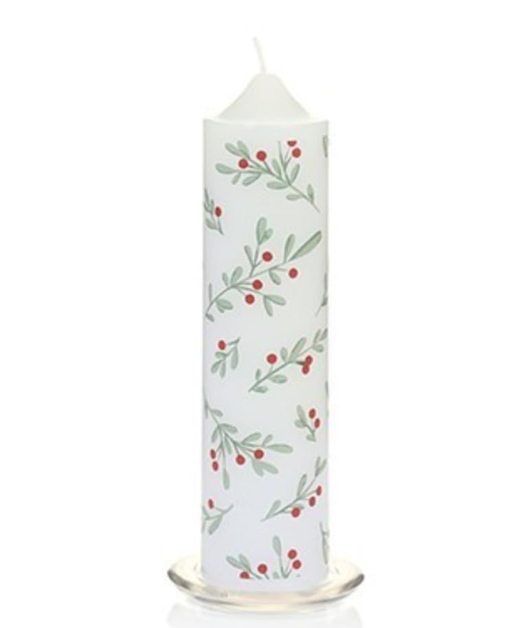 Premier Decorations 20 x 5cm White Hollyberry Candle with Glass Candle Holder, Green