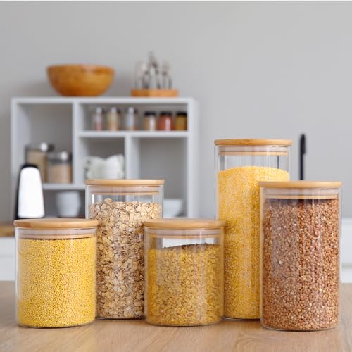 Image of Qinyoung Glass Storage Jars with Wooden Lids, 4 Sizes Food Storage Containers Clear Stackable Canisters Airtight Glass Jars for Candy Cookie (Clear, Light Brown, 23oz 34oz 47oz 58oz, 24 Pcs)