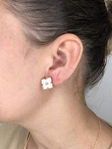 Gold Plated 925 Sterling Silver Flower Stud Earrings for Women - Mother of Pearl, Black Onyx or Malachite with Cubic Zirconia Earrings for Her - 16 mm CZ Studs - Hinge Post Back by Lavari Jewelers4