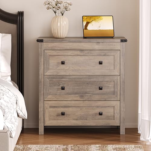 Image of BORNOON 3-Drawer Dresser, Small Wooden Chest of Drawers with Metal Knobs, Water-Resistant Top, Storage Organizer with Anti-Tip Kit for Bedroom, Nursery, Living Room