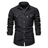 Men's Casual Pocket Shirts Denim Long Sleeve Shirts (as1, Alpha, l, Regular, Regular, Black, Large)