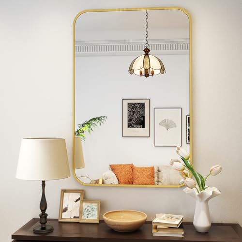 Koonmi Espejo de Pared Dorado, 61 x 91 cm, Espejo de baño con Esquina Redonda, Espejo de Pared con Marco de aleación de Aluminio, para Montaje en Pared Horizontal o verti