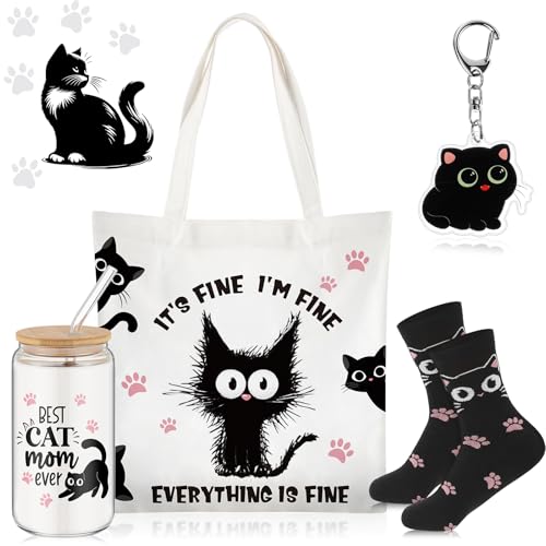 Paterr 4 Pcs Black Cat Gifts for Women Black Cat Themed Gift for Birthday with Canvas Tote Bag 16oz Glass Coffee Cup with Straw Socks Cute Keychain