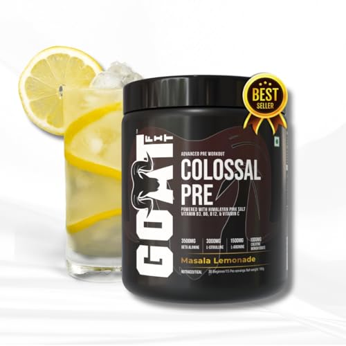 Image of GOAT Fit Colossal Pre | PreWorkout Powder 200mg Caffeine 3.5g Beta-Alanine 3g Citrulline 1.5g Arginine 1g Creatine with Himalayan Pink Salt (180gm - 15 Servings, Masala Lemonade)