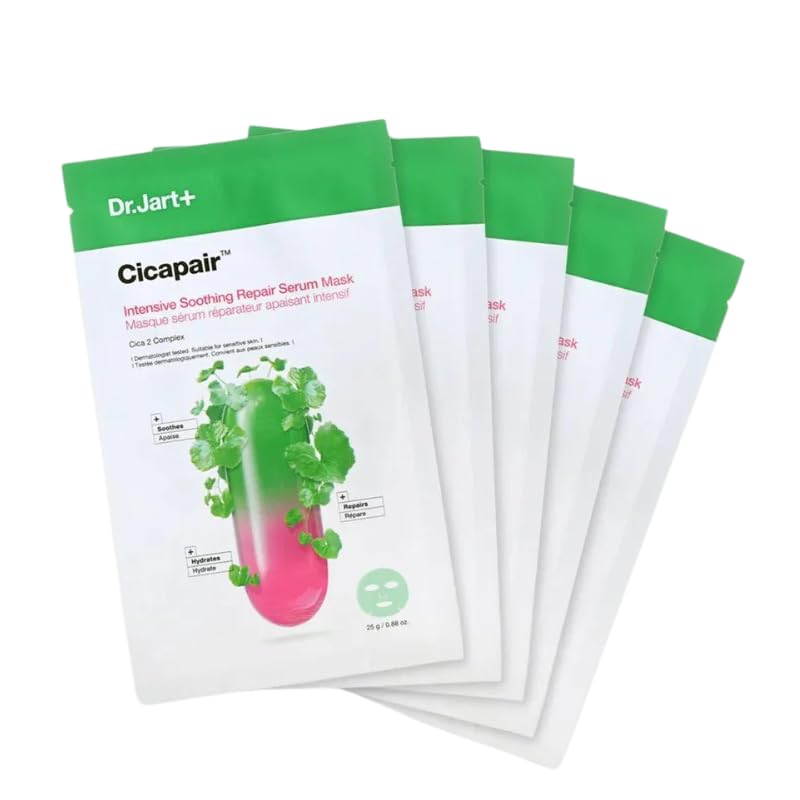 Dr.Jart+ Cicapair™ Sensitive Skin Serum Face Mask for Redness with Centella Asiatica | Sheet Mask | Korean Skin Care, 5 Pack