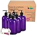 Baire Bottles 16 oz Empty Refillable Plastic Pump Bottles Dispenser 6 Pk PET BPA Free Refillable Containers Shampoo Lotion Oil Soap Waterproof Labels USA (Purple with Black Pump Floral Labels)