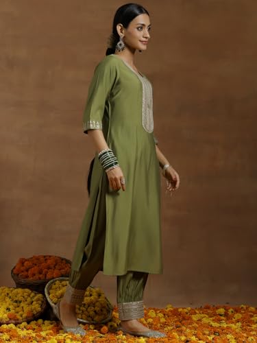 Image of Libas Embroidered Silk Blend Straight Kurta with Salwar and Dupatta