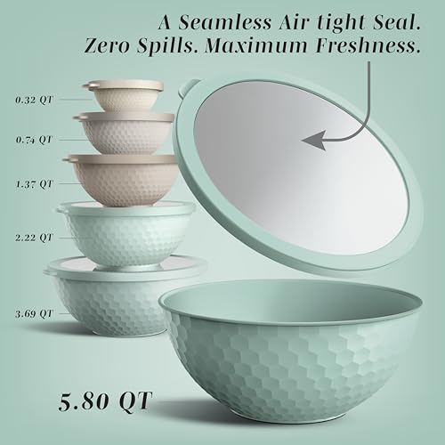 COOK WITH COLOR Mixing Bowls with Lids - 12 Piece Plastic Nesting Bowls Set includes 6 Prep Bowls and 6 Lids, Non Slip Bottom and Embossed Design - Microwave Safe (Mint)