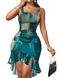 GothDark Womens Sexy Ruched Mesh Bodycon Irregular Ruffle Hem Midi Dress Party Club Short Homecoming Dresses Green