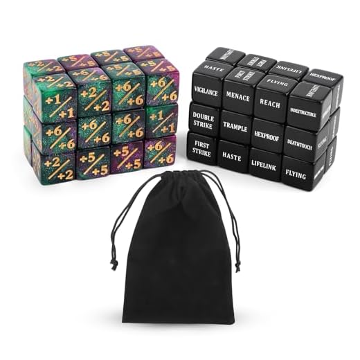 BOXOB 48stk Fähigkeiten-Schlüsselwörter-Zählwürfel, Kreaturenstatistik-Buff Loyalitätswürfel-Token Magic Life-Zähler für MTG TCG Kartenspielzubehör mit Samtbeutel Tischspiele Versammlungspartys