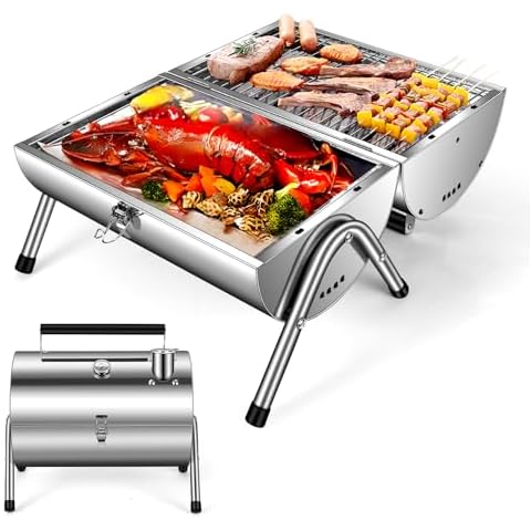 KASEDA Stainless Steel Adjustable Portable Charcoal Grill, Multi-functional Metal Small BBQ Smoker for Outdoor Hiking Picnic Camping Beach,Tabletop Outdoor Barbecue Smoker Cover