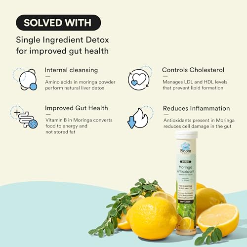 Image of Bloom by Bold Care Moringa Antioxidant Effervescent Tablets | 40 Effervescent Tablets (Pack of 2) | Natural Liver Detox and Gut Health | With Organic Moringa Leaf Powder | Lemon Flavour