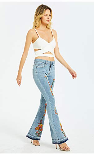 ZENTHACE Women's Embroidered Bell Bottom Jeans Stretchy Flare Denim Pants 6