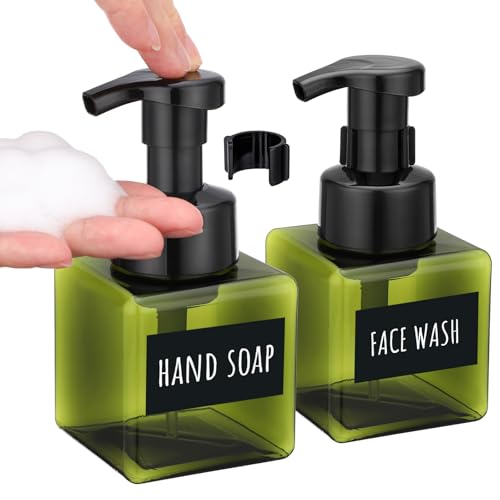 Image of Segbeauty 8.5oz Bathroom Foaming Pump Bottle Empty, 2pcs Refillable Foam Hand Soap Dispenser Set for Kitchen, 250ml Small Green Square Foamer Bottles for Shampoo Body Wash, Plastic Liquid Container