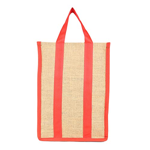 Image of DOUBLE R BAGS Laminated Jute Reusable Shopping Bags Kitchen Essentials Grocery Vegetable Lunch Carry Bag With Full Handles Multi-purpose Bag Stylish Designs (Red) Pack of 2