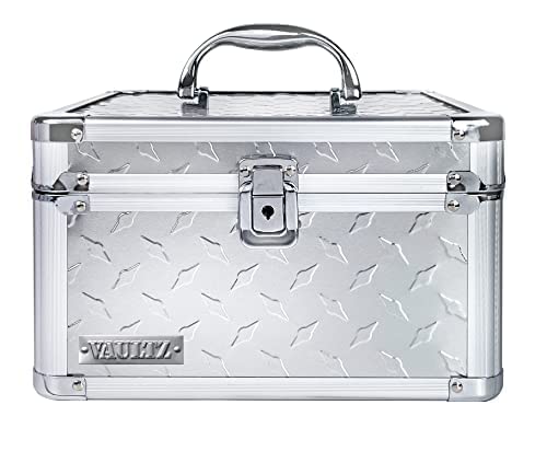 Vaultz Portable Safe Box - 10 X 10 X 6.5 Inch Large Storage Box With Lock, Mesh Pocket & Adjustable Compartments For Cash, Documents And Valuables - Treadplate #TOP2