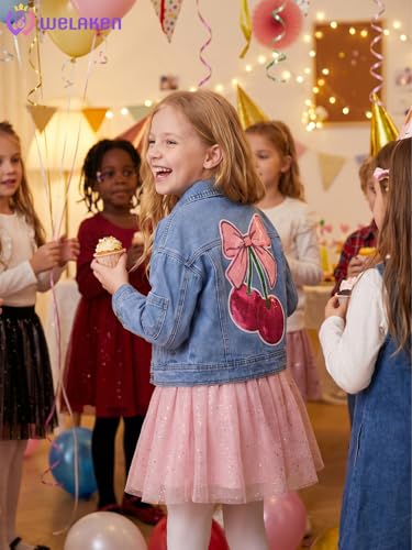 Image of WELAKEN Print Denim Jacket for Girls & Kids II Little Girl's Button Down Crop Jean Jacket Coat