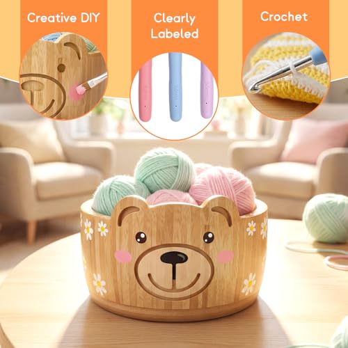Image of Wooden Yarn Bowl Set, 6.7in x 4.1in Large Yarn Bowl for Crocheting, Complete Crochet Accessories Kit with 12 Size Crochet Hooks, Tape Measure, Counter, Scissors & Storage Bag