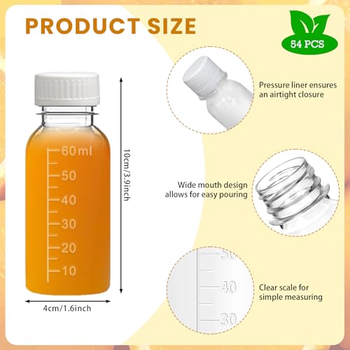 54 Pcs Small Ginger Shot Bottles with Lids Plastic Reusable Clear Shot Containers with Scale for Juicing Smoothies Milk Coffee and Drinks with 3 Labels 6 Funnels and 1 Pen (White,2 oz)
