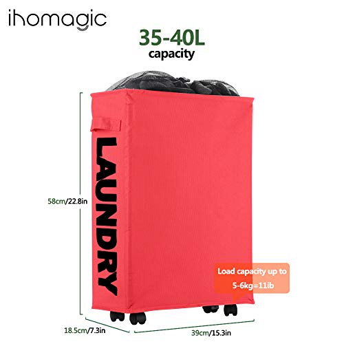 Slim Rolling Laundry Basket With Wheel, Ihomagic Rectangle Storage Hamper - Thin Laundry Basket Corner Fittable Laundry Bin Flexible Handle Laundry Sorter For Dormitory, Hotel, 39X18.5X58Cm 41L,Red #TOP1