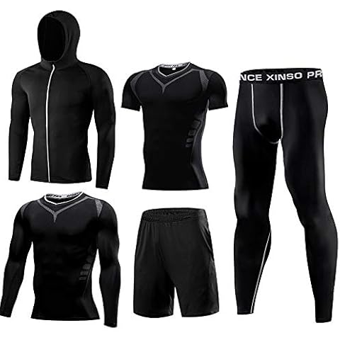 Men's 5PCS Sportswear Sets Jackets Short Sleeves Long Sleeves Shirt Compression Tights Shorts Workout Fitness Tracksiuts(Black-KI606,M) Cover