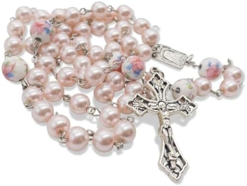 Nazareth Store Pearl Beads Rosary White Flowers Beaded Necklace Lourdes Medal & Cross Crucifix
