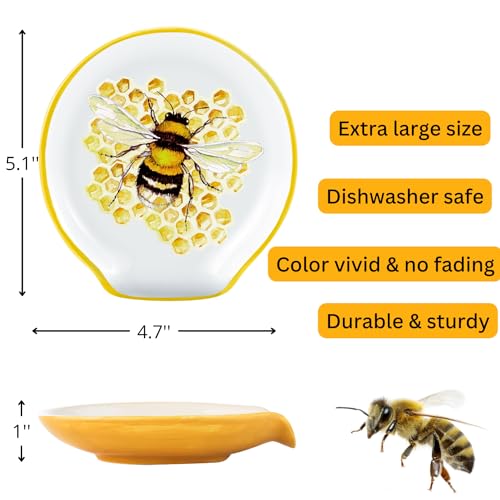 woobud Honey Bee Spoon Rest Kitchen decor, Bumble Decorations Honeycomb Decor - Hive Holder Honeybee Accessories, Large Ceramic Utensil for Countertop, Yellow Stuff Gifts