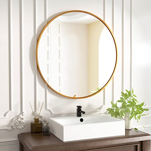 Image of HARRITPURE Round Mirror 35.4 inch Gold Wall Mounted Circle Mirror with Aluminum Alloy Frame Modern Design for Bathroom, Living Room, Vanity, Bedroom, Entryway