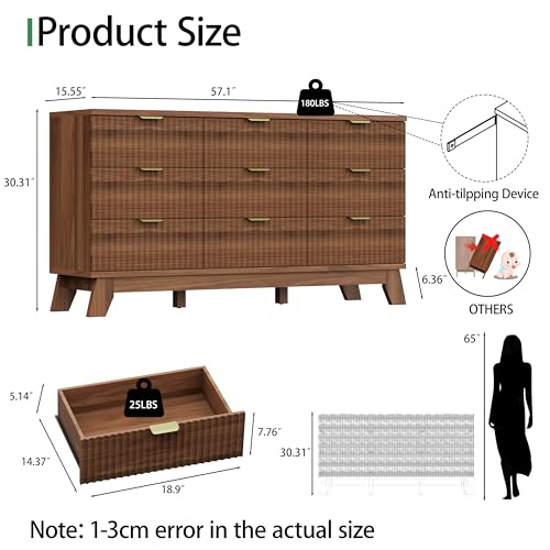Image of Xixini Fluted Dresser for Bedroom with 9 Drawers, 57 inch Wide Modern Chest of Drawers with Metal Handle, Wooden Dresser TV Stand, Wood Closet Clothes Storage Organizer for Living Room, Hallway, Walnut